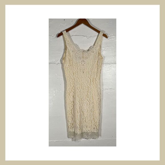 Rare Vintage Léger Ivory Lace Bodycon Dress Square Neckline Women's Size 11/12 - Picture 1 of 12